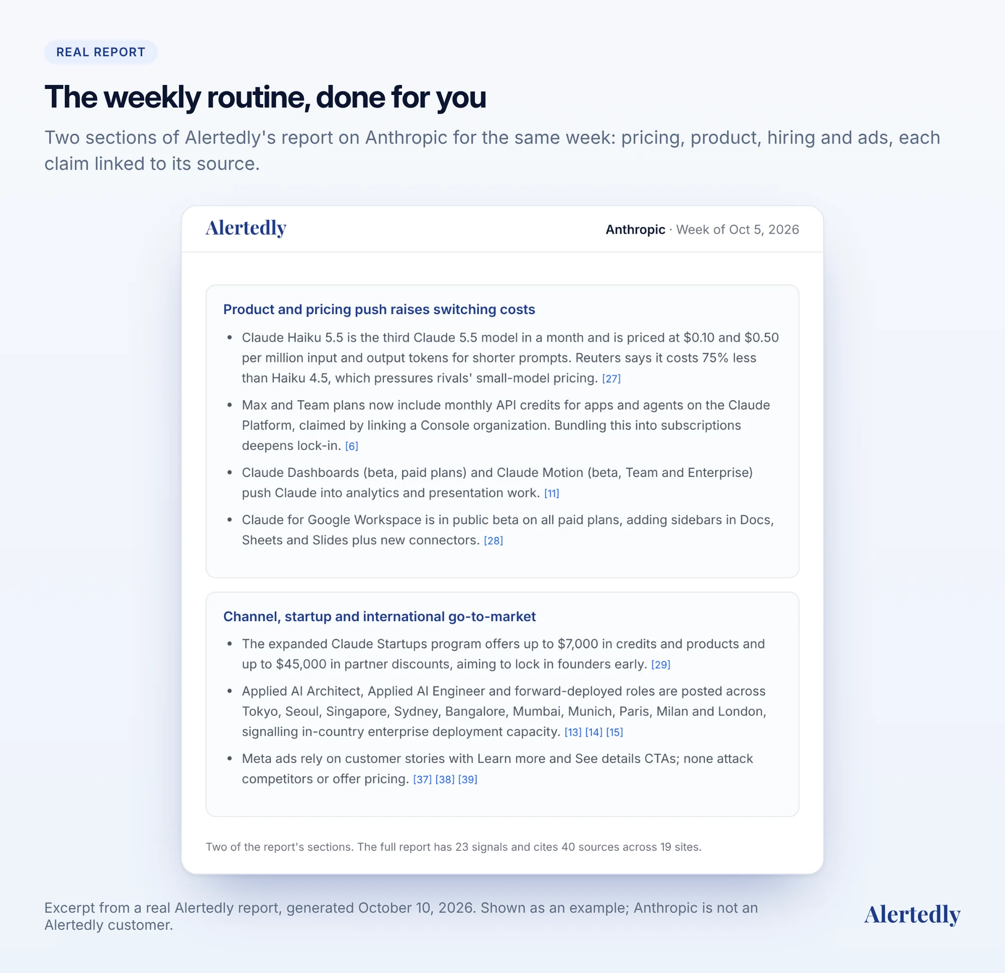 Two sections of a real Alertedly report on Anthropic: product and pricing changes, and go-to-market and hiring, each with sources