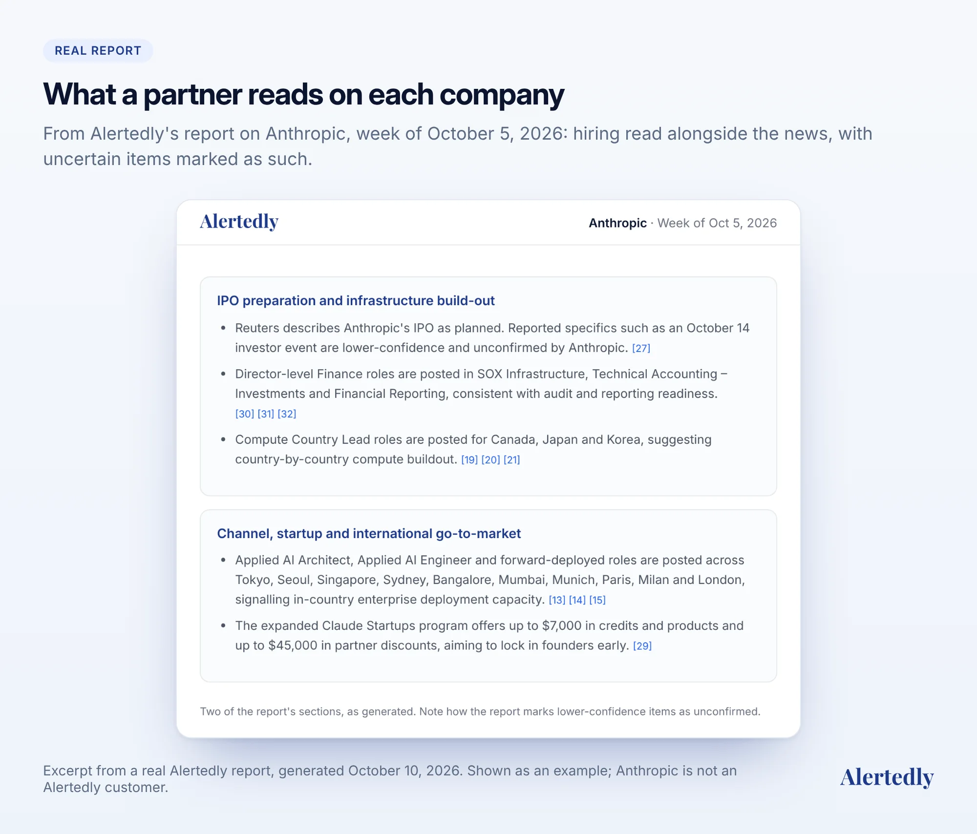 Two sections of a real Alertedly report on Anthropic: IPO preparation and infrastructure, and international go-to-market hiring, with sources and an unconfirmed item flagged